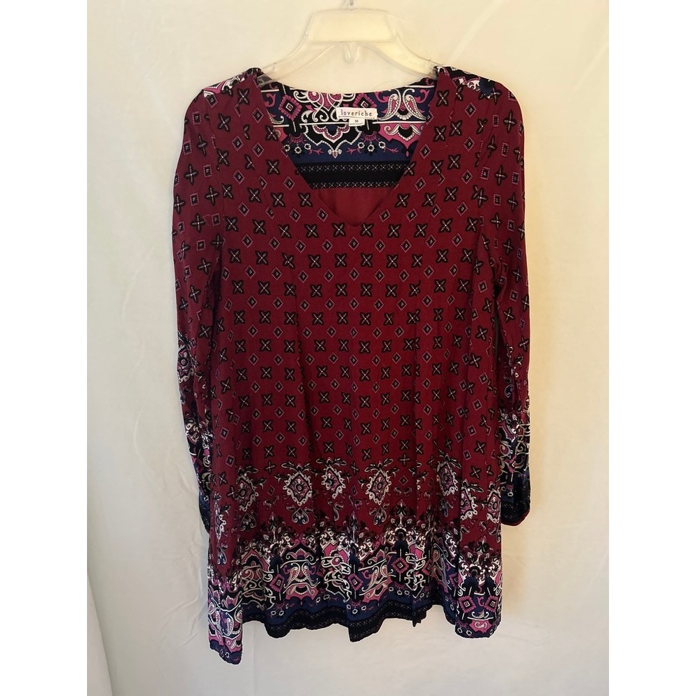 Loveriche Womens Burgundy Boho Paisley Geometric VNeck Long Sleeve Shift Dress M